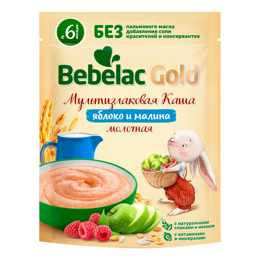 Каша Bebelac Gold мультизлаковая молочная яблоко-малина с 6 месяцев 200 г –  купить в Москве, цены в интернет-магазинах на Мегамаркет