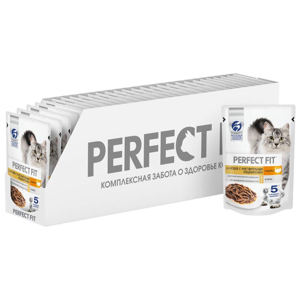 Влажный корм для кошек Perfect Fit, с чувствительным пищеварением, индейка,  28 шт по 75 г - отзывы покупателей на маркетплейсе Мегамаркет | Артикул  товара:100032454537