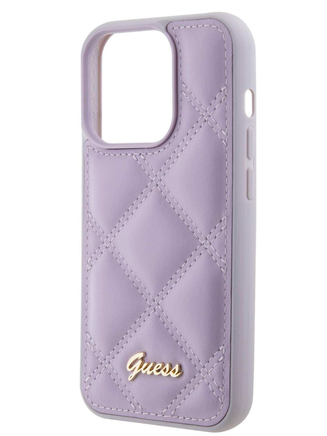 Чехол Guess для iPhone 15 Pro из экокожи стеганый Script metal logo,  фиолетовый, купить в Москве, цены в интернет-магазинах на Мегамаркет