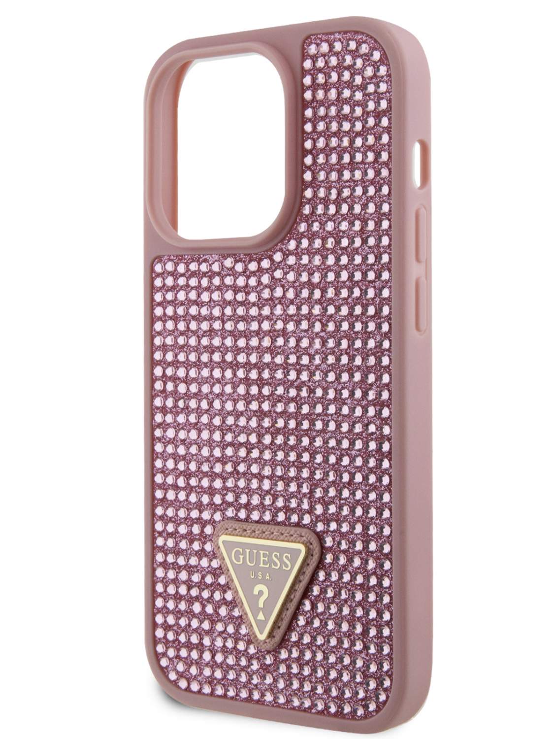 Чехол Guess для iPhone 15 Pro со стразами Triangle metal logo, розовый,  купить в Москве, цены в интернет-магазинах на Мегамаркет