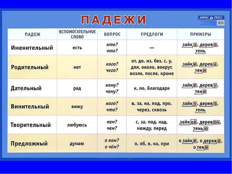 Все вопросы в русском языке. Таблица с падежами и вопросами и окончаниями и предлогами 4 класс.