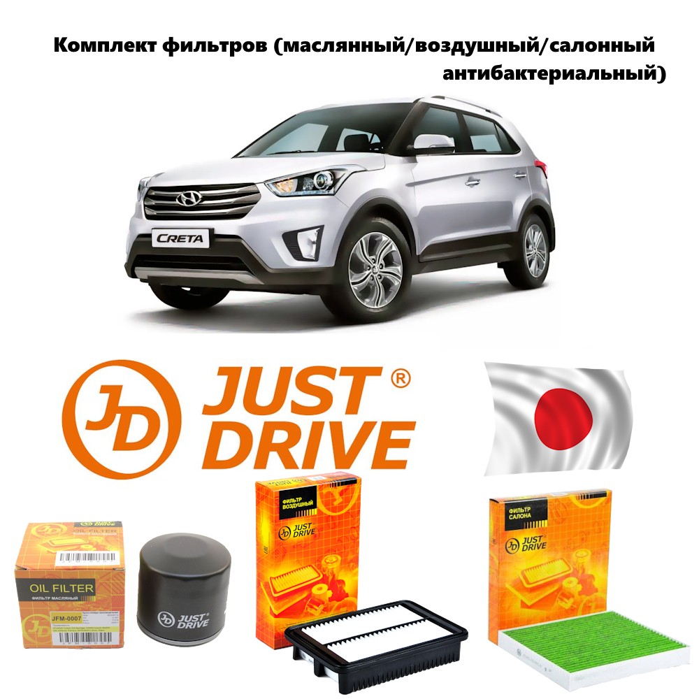 Комплект фильтров для ТО Just Drive Hyundai Creta (масляный + воздушный +  салонный антибак - купить в Москве, цены на Мегамаркет | 600014630424