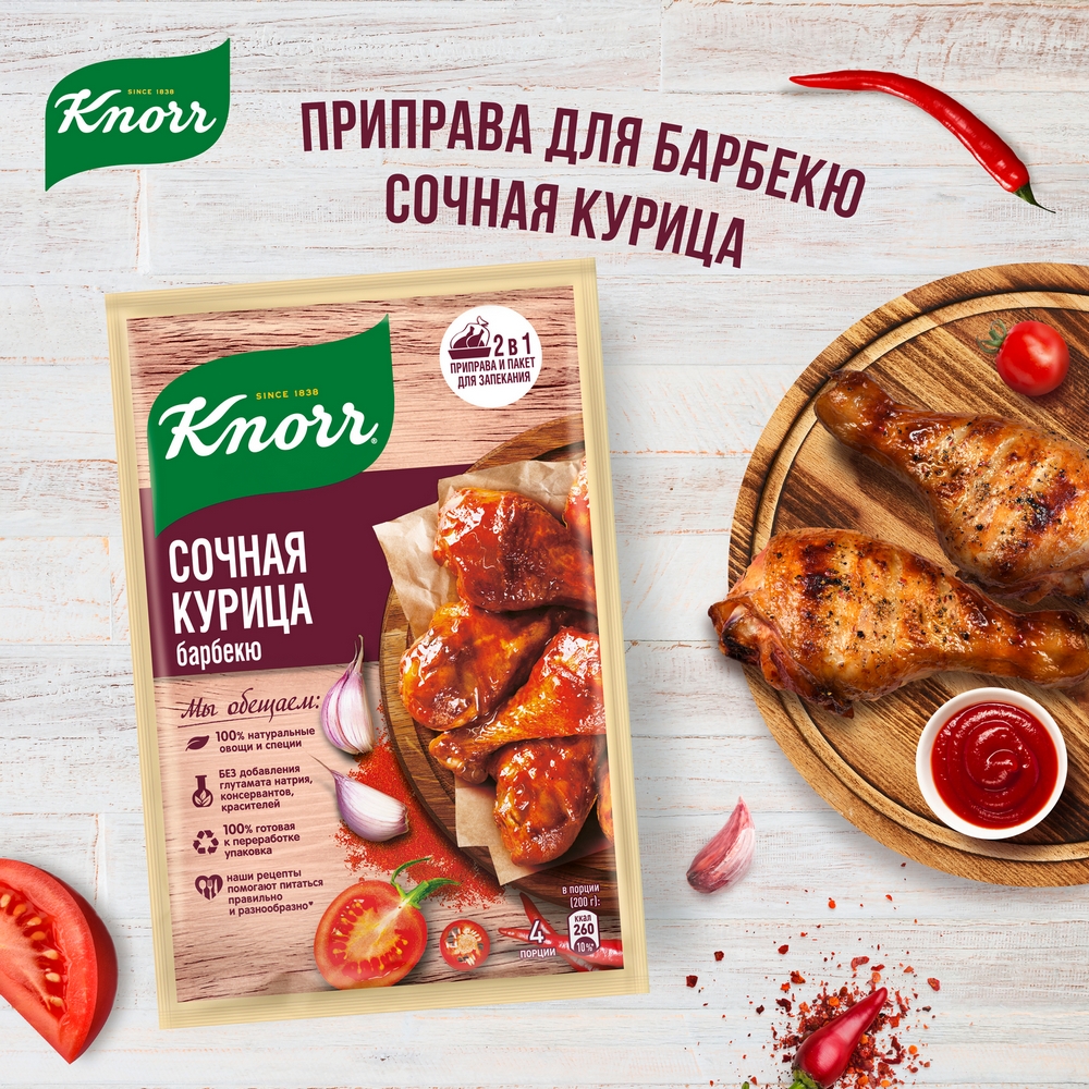 Купить приправа Knorr с пакетом для запекания сочная курица барбекю на  второе 26 г, цены на Мегамаркет | Артикул: 100023681716