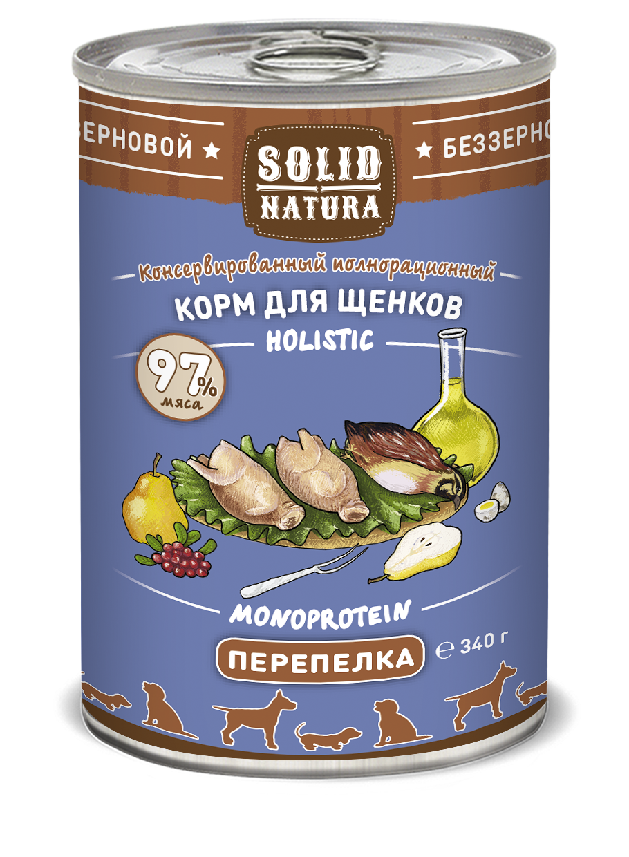 Купить консервы для щенков SOLID NATURA Holistic, перепелка, 340г, цены на  Мегамаркет | Артикул: 100024246774