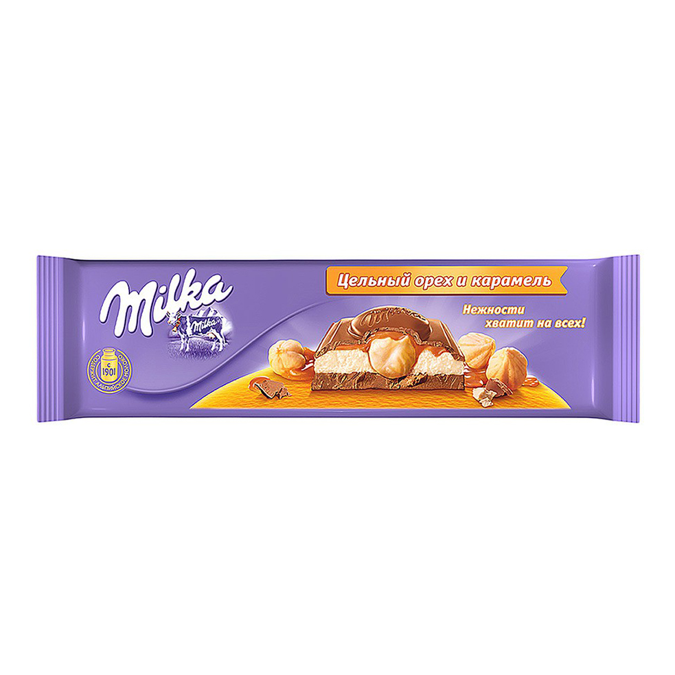 Купить плитка Milka молочный шоколад с молочно-карамельной начинкой и  фундуком 300 г, цены на Мегамаркет | Артикул: 100039743399