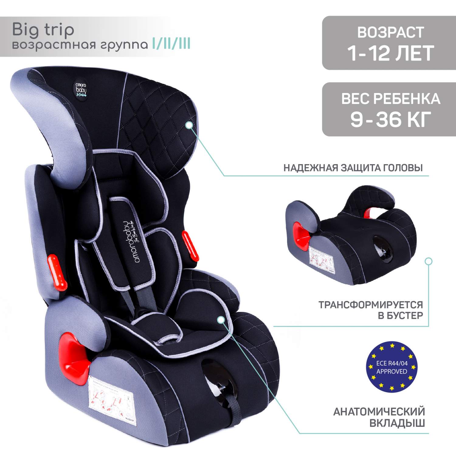 Отзывы о автокресло-бустер детское AMAROBABY Big trip, I/II/III, 1-12 лет,  0-36 кг - отзывы покупателей на Мегамаркет | автокресла AB212006BTChS/09 -  600005154924