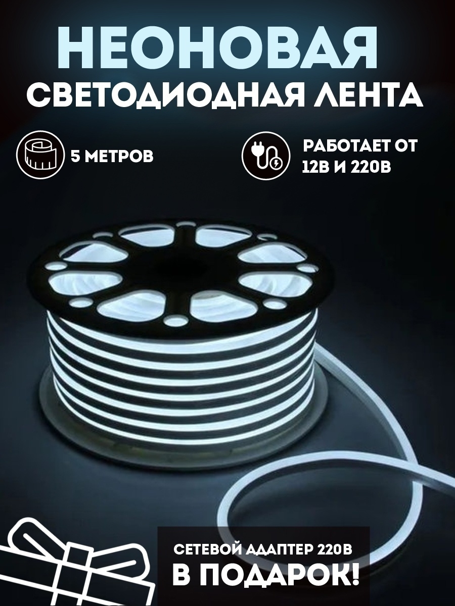 Неоновая лента светодиодная PROgadget подсветка 12V+блок питания на 220В 5м  холодный белый - купить в Москве, цены на Мегамаркет | 600012516417