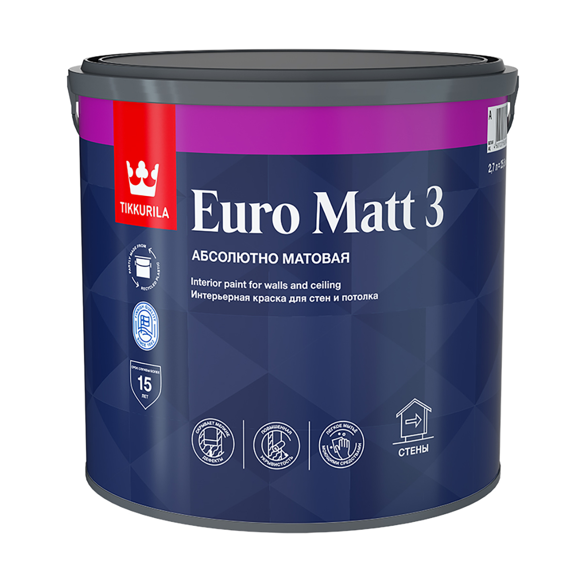 Краска в/д Tikkurila Euro Matt 3 интерьерная матовая, основа А белая 2,7л  купить в интернет-магазине, цены на Мегамаркет