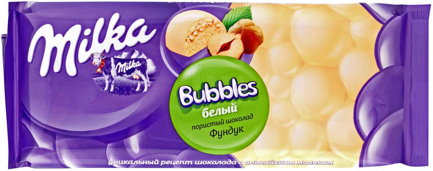 Купить шоколад Milka Bubbles белый пористый c фундуком 79 г, цены на  Мегамаркет | Артикул: 100028805591