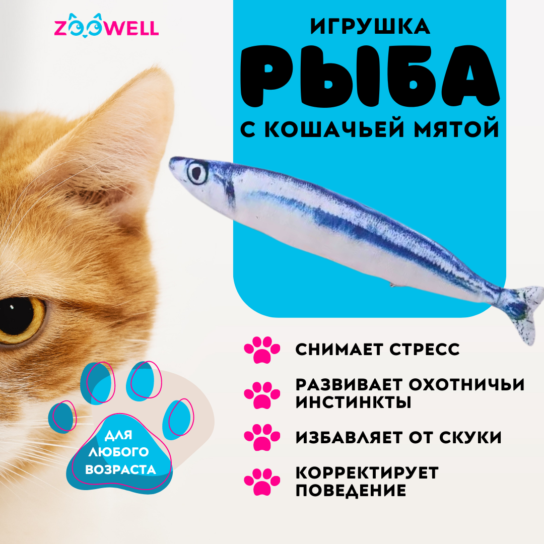 Купить игрушка для кошек ZooWell рыбка Сайра с кошачьей мятой, 20 см, цены  на Мегамаркет | Артикул: 600012049471