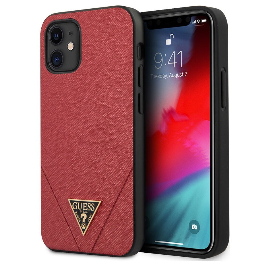 Чехол Guess PU Saffiano Triangle metal logo Hard iPhone 12 mini, Красный,  купить в Москве, цены в интернет-магазинах на Мегамаркет