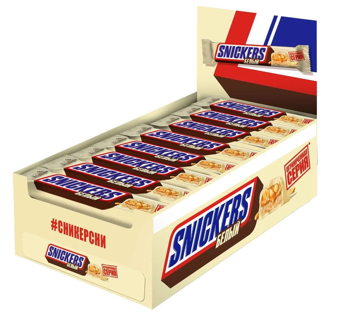 Шоколадный батончик Snickers, Белый шоколад, Арахис, Шоубокс, 81гр * 32шт.  – характеристики на Мегамаркет