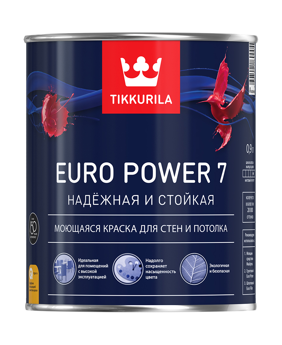 Краска Tikkurila Euro Power 7, база A, 0,9 л - отзывы покупателей на  Мегамаркет | 600004378365