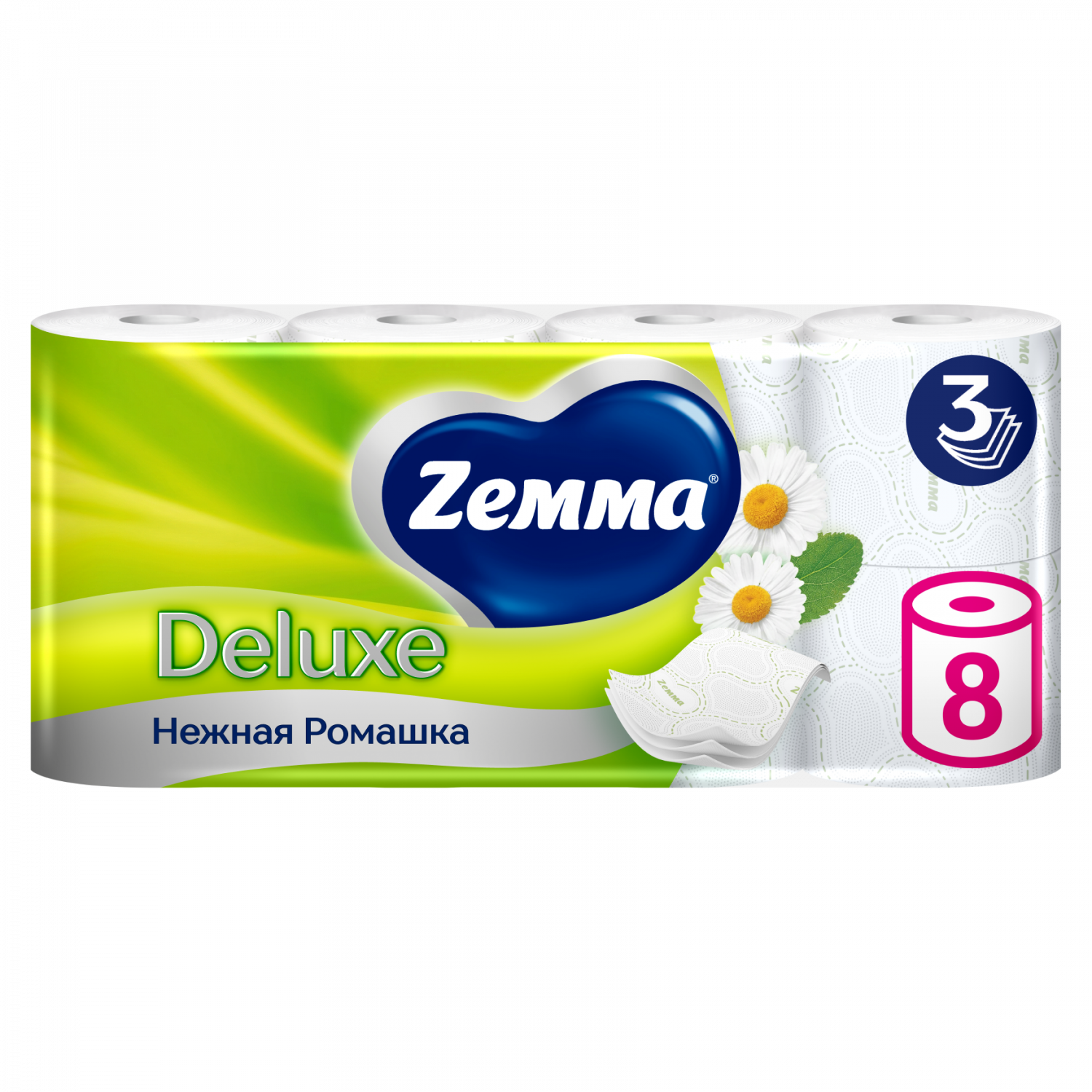 Туалетная бумага "Zemma Deluxe" (8 шт/упак) 3 слоя / Ромашка (7 упак/меш)