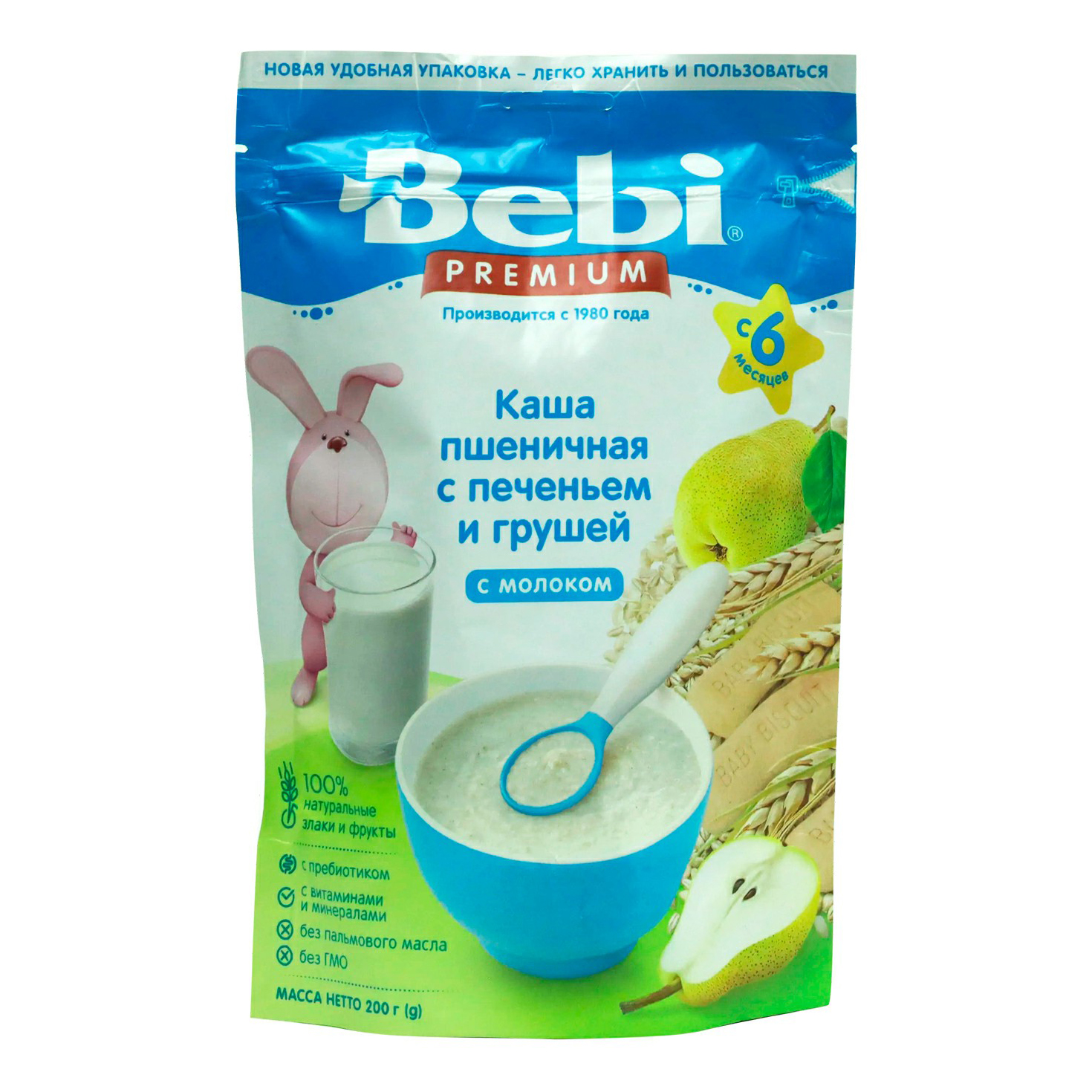 Купить каша Bebi Premium Каша пшеничная молочная печенье с грушами с 6  месяцев 200 г, цены на Мегамаркет | Артикул: 100043885967