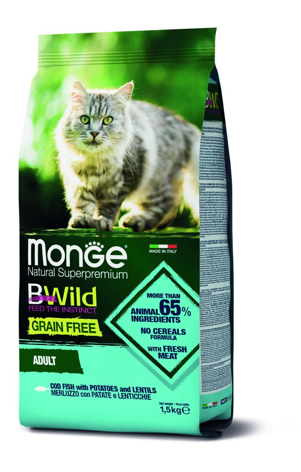 Купить сухой корм для кошек Monge Bwild Grain Free Adult с треской,  картофелем и чечевицей, 1,5кг, цены на Мегамаркет | Артикул: 600001738275