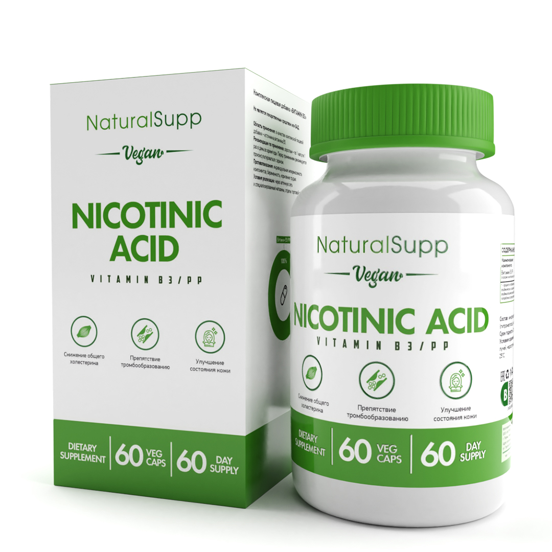 Ниацин никотиновая кислота NATURALSUPP Vegan Nicotinic Acid капсулы 60 шт.  – купить в Москве, цены в интернет-магазинах на Мегамаркет