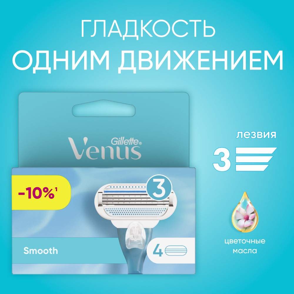 Сменные кассеты для бритвы Gillette Venus Smooth, 4 шт - отзывы покупателей  на Мегамаркет | сменные кассеты для бритья