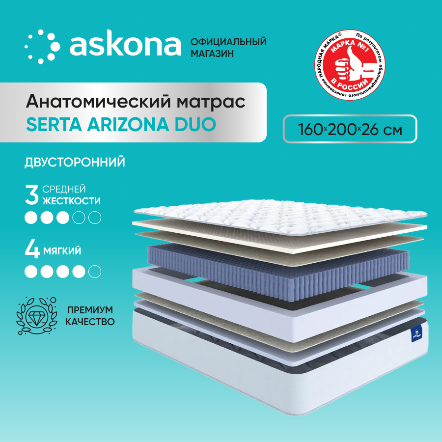 Матрас Askona Serta Arizona Duo 160x200 - отзывы покупателей на Мегамаркет  | 600014623768