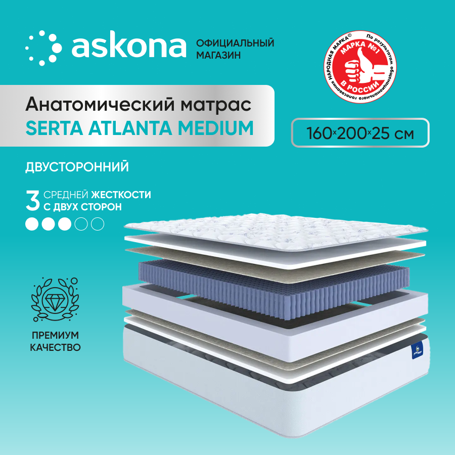 Матрас Askona Serta Atlanta Medium 160x200 - отзывы покупателей на  Мегамаркет | 600014624219