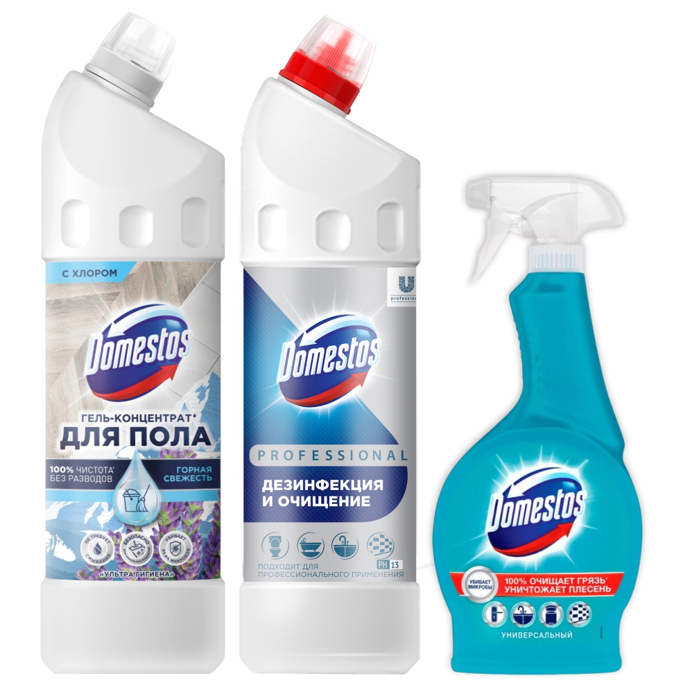 Набор средств Domestos Гель для пола 1 л, Спрей 500 мл, Универсальное  средство 1 л купить в интернет-магазине, цены на Мегамаркет