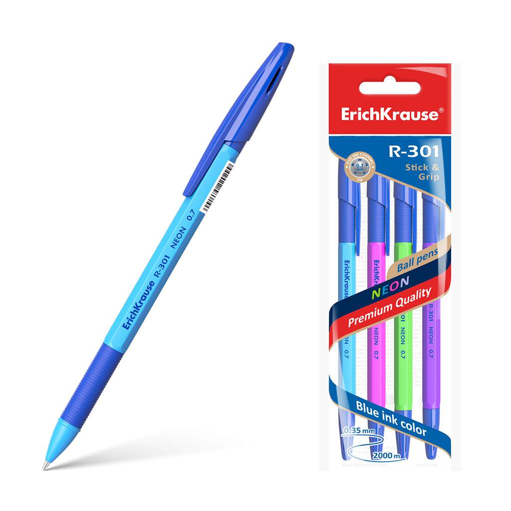 Купить ручка шариковая ErichKrause® R-301 Neon Stick&Grip 0.7, синий в  пакете 4 шт, цены на Мегамаркет | Артикул: 100023966065