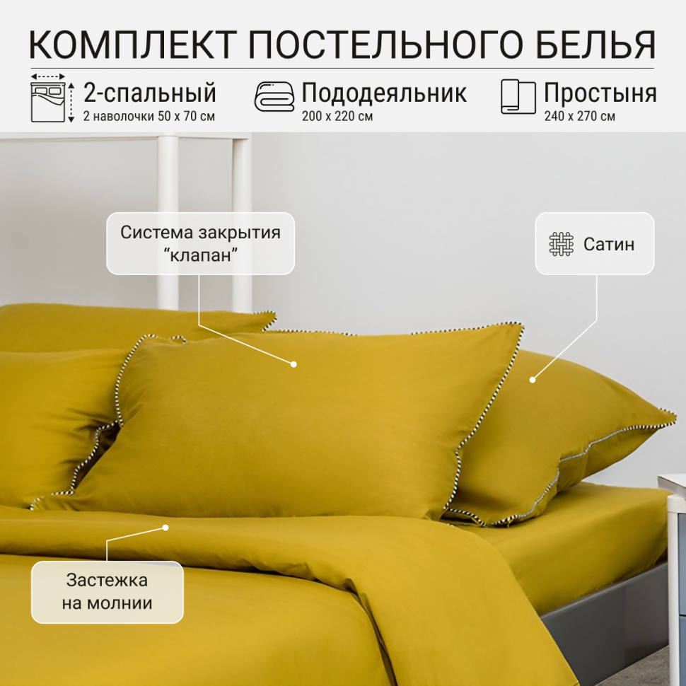 Комплект постельного белья TKANO 2-сп. оливкового цвета с контрастным  кантом Essential – купить в Москве, цены в интернет-магазинах на Мегамаркет