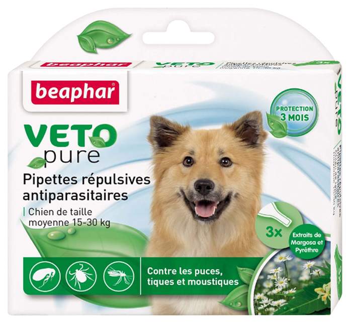 Капли для средних собак против блох, клещей, комаров Beaphar VETO pure, 3 пипетки, 2 мл