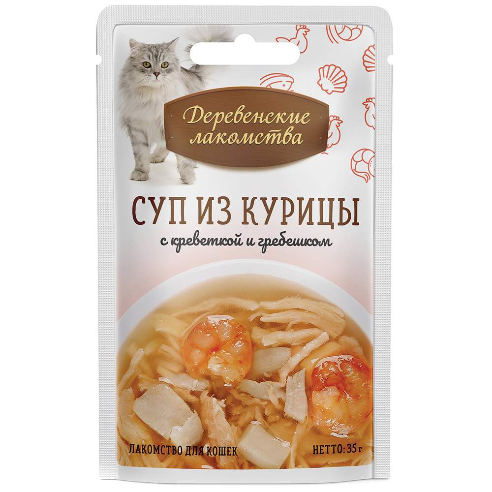 Лакомство для кошек Деревенские лакомства, суп, курица с креветкой и гребешком, 60шт, 35г