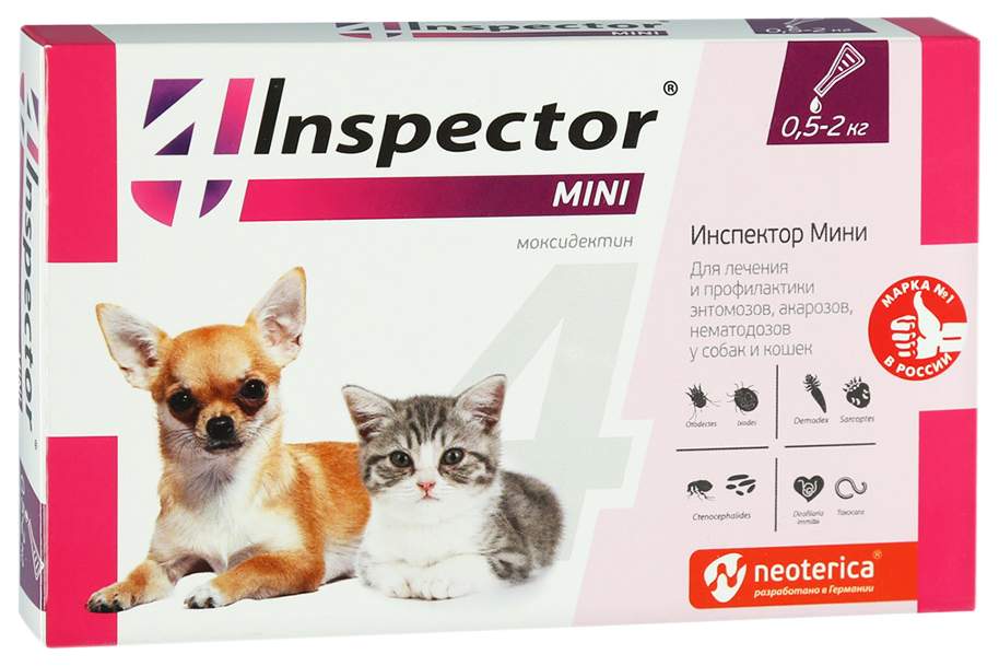 Капли для кошек и собак против блох, власоедов, вшей, клещей Inspector, 1 пипетка 0,4мл