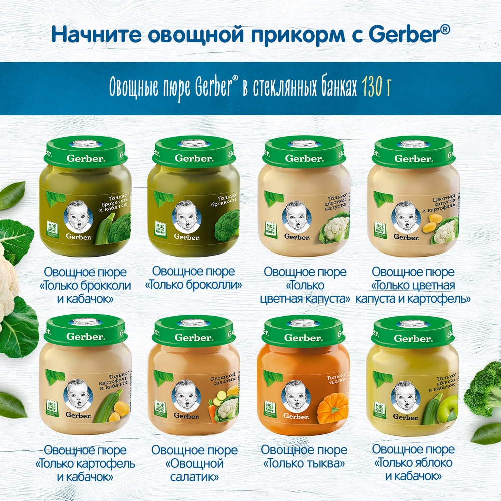 Овощное пюре Gerber Только Брокколи и Кабачок первая ступень , 12 шт. по  130 г - отзывы покупателей на Мегамаркет