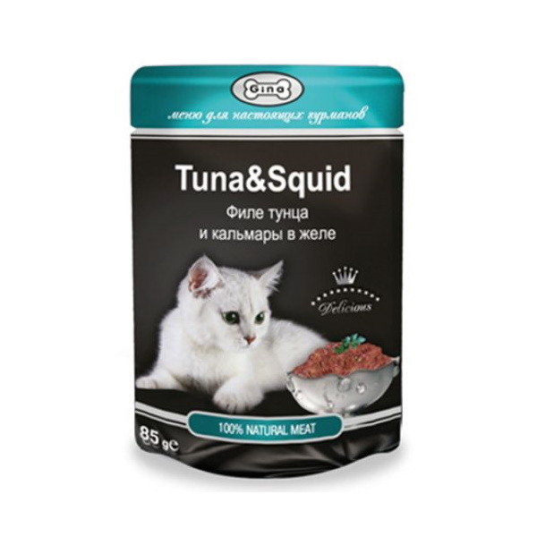 Влажный корм для кошек GINA Tuna&Squid, филе тунца и кальмары в желе, 85г