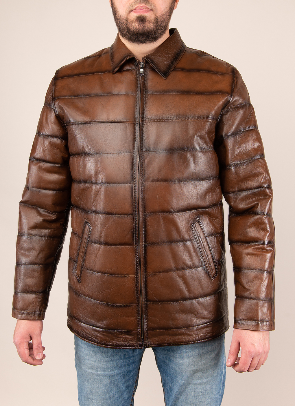Кожаная куртка мужская Каляев 1625381 коричневая 44 RU