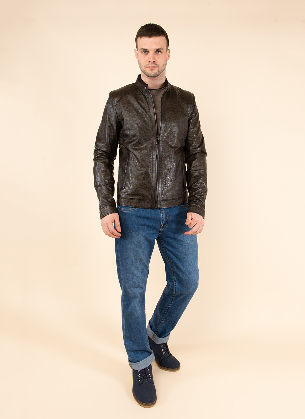 Кожаная куртка мужская Каляев 1584417 коричневая 58 RU
