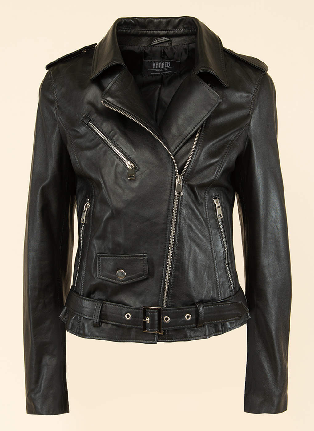 Кожаная куртка женская Каляев 1595016 черная 48 RU