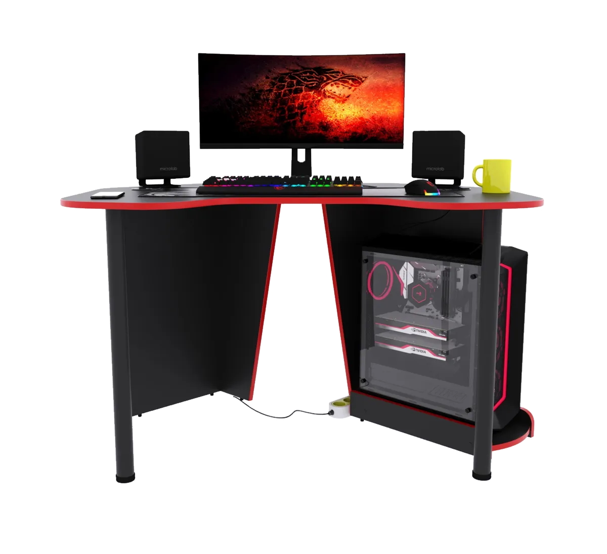 Игровой компьютерный стол "Угол" с подставкой для ПК, чёрный с красной кромкой