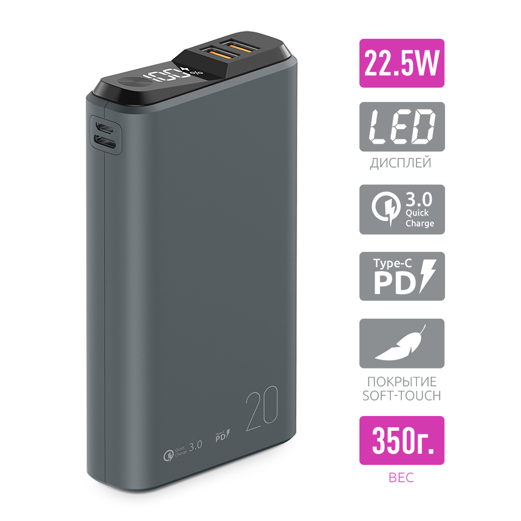 Внешний аккумулятор QS-20 20000mAh 18W QuickCharge3.0/PowerDelivery LCD  темно-серый OLMIO – отзывы покупателей на маркетплейс Мегамаркет | Артикул:  600003888518