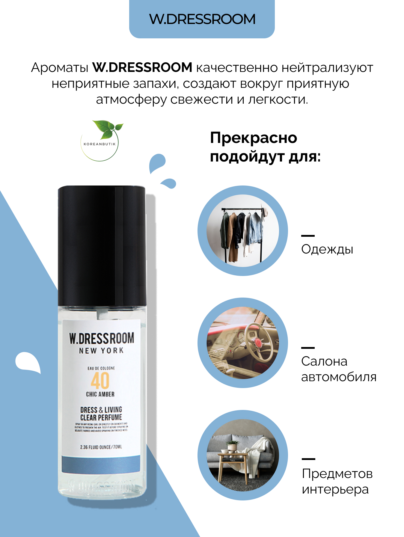 Парфюмированный спрей для одежды и дома W.DRESSROOM № 40 Chic Amber, 70 мл  – купить в Москве, цены в интернет-магазинах на Мегамаркет