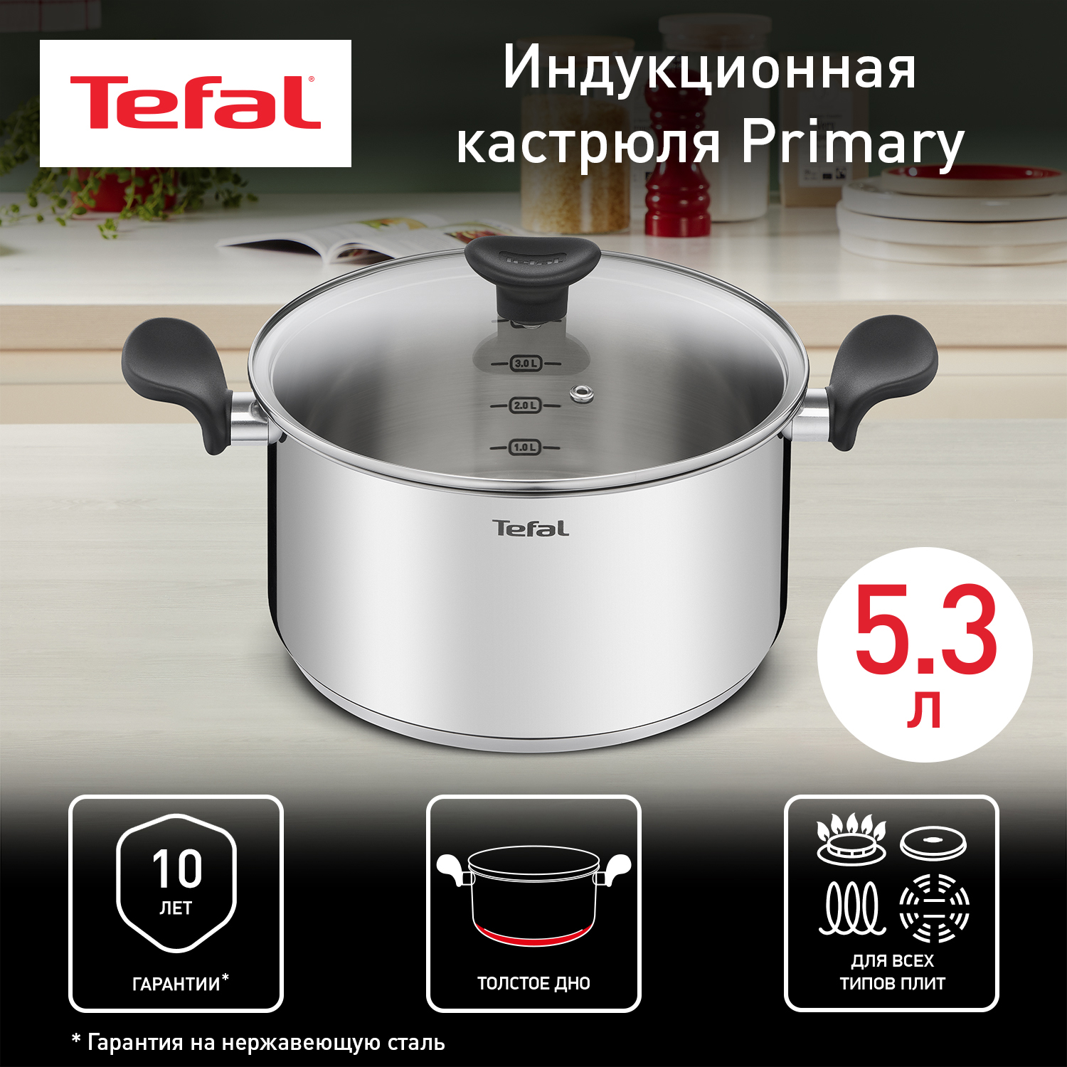 Кастрюля Tefal E3084674 5,2 л серебристый - купить в ИП Гранкина И.В., цена на Мегамаркет