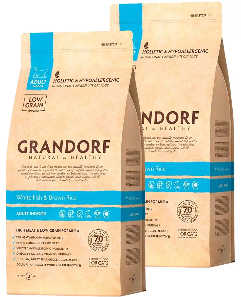 Купить сухой корм для кошек Grandorf Cat Adult Indoor белая рыба и рис, 2 шт по 2 кг, цены на Мегамаркет | Артикул: 100042766060