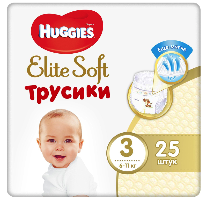 Купить трусики-подгузники Huggies Elite Soft 3 (6-11 кг, 25 штук), цены на Мегамаркет | Артикул: 100032506253