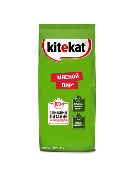 Купить сухой корм для кошек Kitekat Мясной Пир, 15кг, цены на Мегамаркет | Артикул: 100001284143
