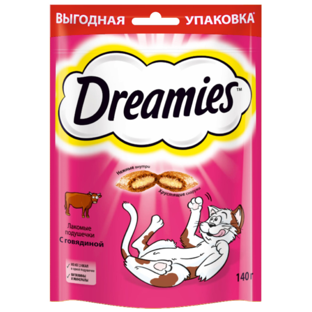 Лакомство для кошек Dreamies подушечки с говядиной, 140г – купить в Москве, цены в интернет-магазинах на Мегамаркет