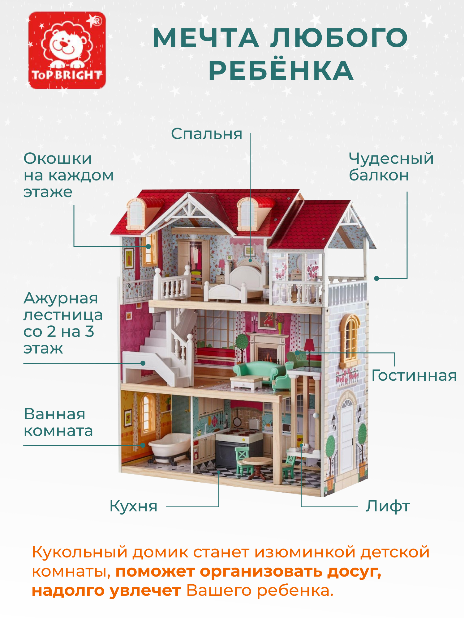 Кукольный домик TOPBRIGHT деревянный, с мебелью, для девочки, 150198 –  купить в Москве, цены в интернет-магазинах на Мегамаркет