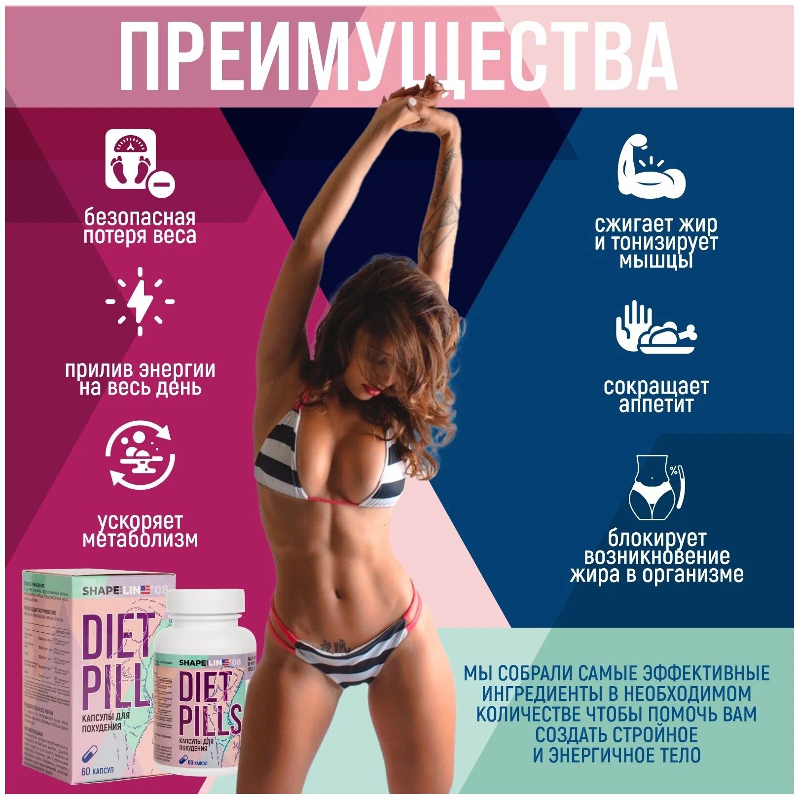 Shape and Line Таблетки для похудения и снижения веса Diet Pills 60шт. -  купить в Москве, цены на Мегамаркет | 100043575811