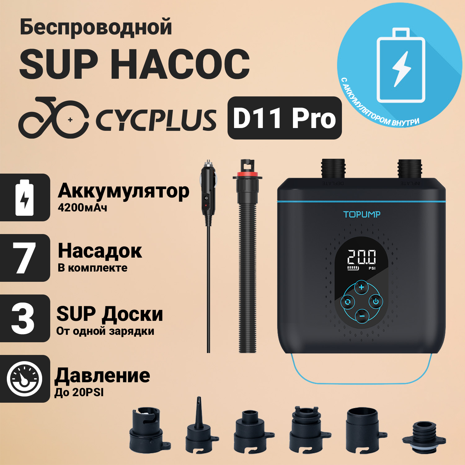 Портативный электрический насос Cycplus D11 Pro. Макс. давление 20PSI, 160 Вт, аккумулятор - купить в Москве, цены на Мегамаркет | 600013059753