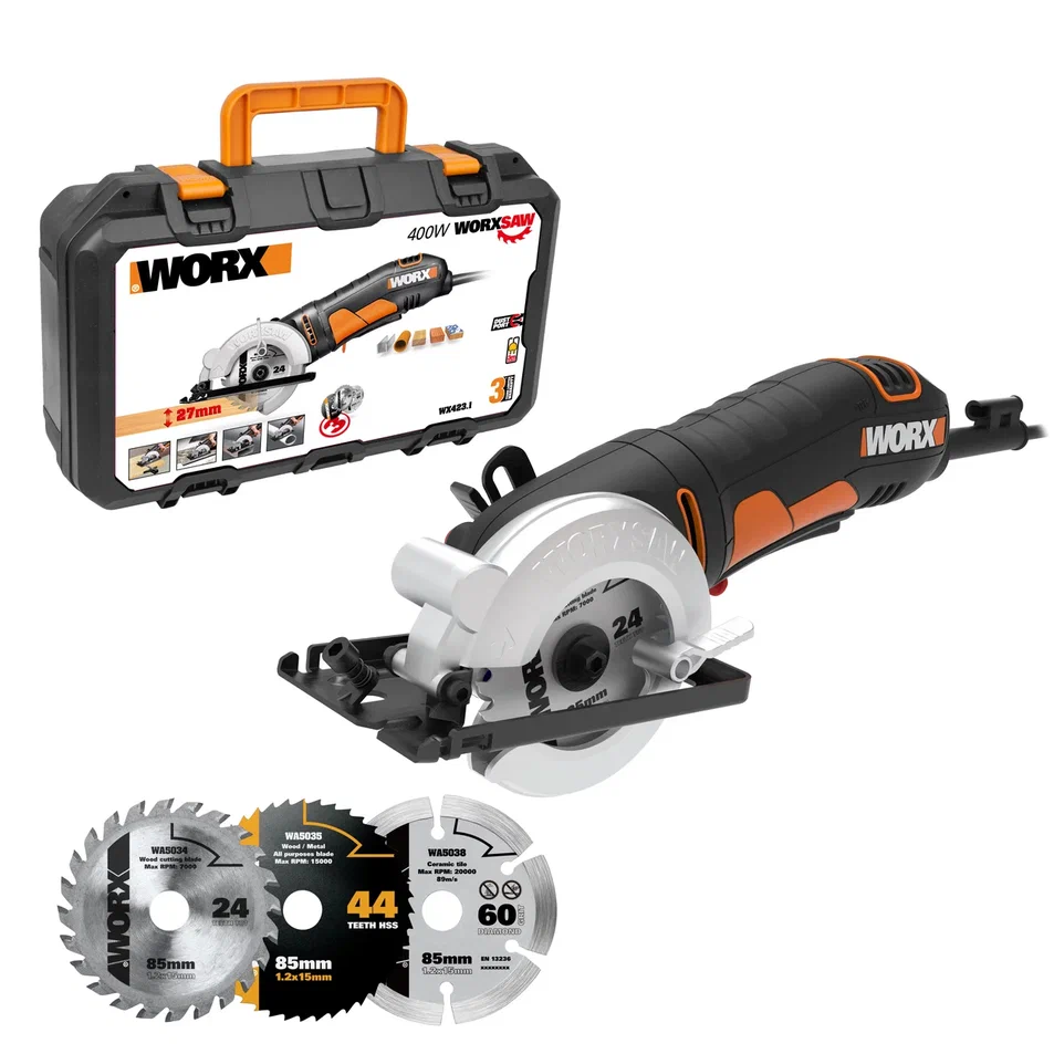 Дисковая пила WORX WX423.1, 400Вт, 85 мм, кейс - купить в Worx, цена на Мегамаркет