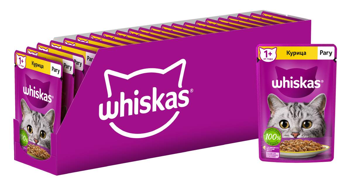 Купить влажный корм WHISKAS для кошек, рагу с курицей, 28 шт по 75г, цены на Мегамаркет | Артикул: 600003755138