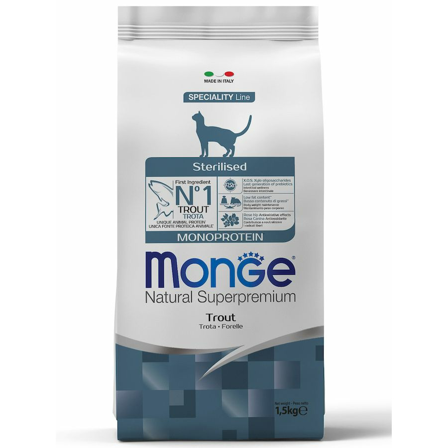 Купить сухой корм для кошек Monge Monoprotein Sterilised Trout, для стерилизованных, форель,1,5кг, цены на Мегамаркет | Артикул: 600000756412