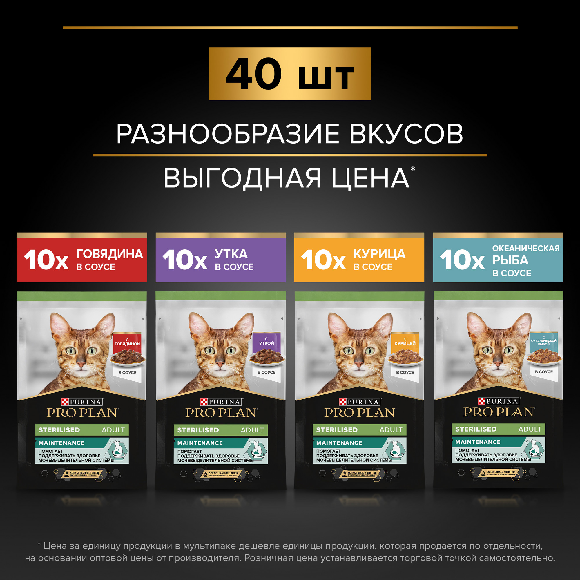 Влажный корм Pro Plan Sterilised для кошек, говядина, курица, утка, рыба в  соусе, 85г*40шт - отзывы покупателей на Мегамаркет